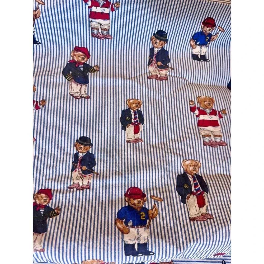 Vintage Ralph Lauren Polo Bear Queen‎ Flat Sheet Standard Pillowcase Blue Stripe
